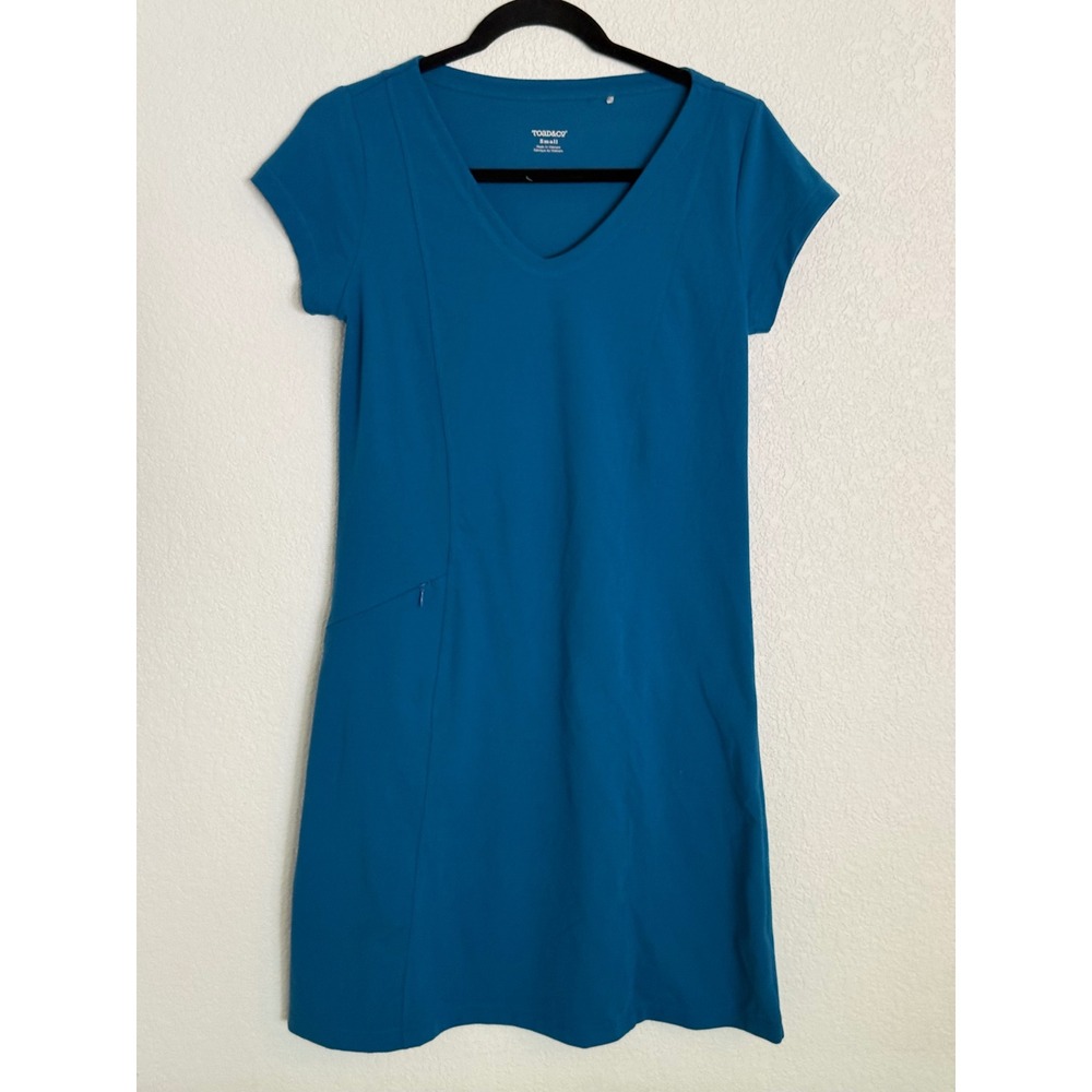 Toad&Co Aquaculture Dress Teal Blue V-Neck Short Sleeve A-Line Small Activewear